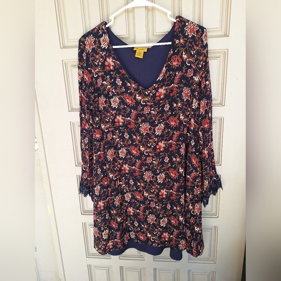 Wrangler Dress SzL Junior Mini Navy Floral  Print Lined Lace Trim Cuff Cute - Picture 2 of 8